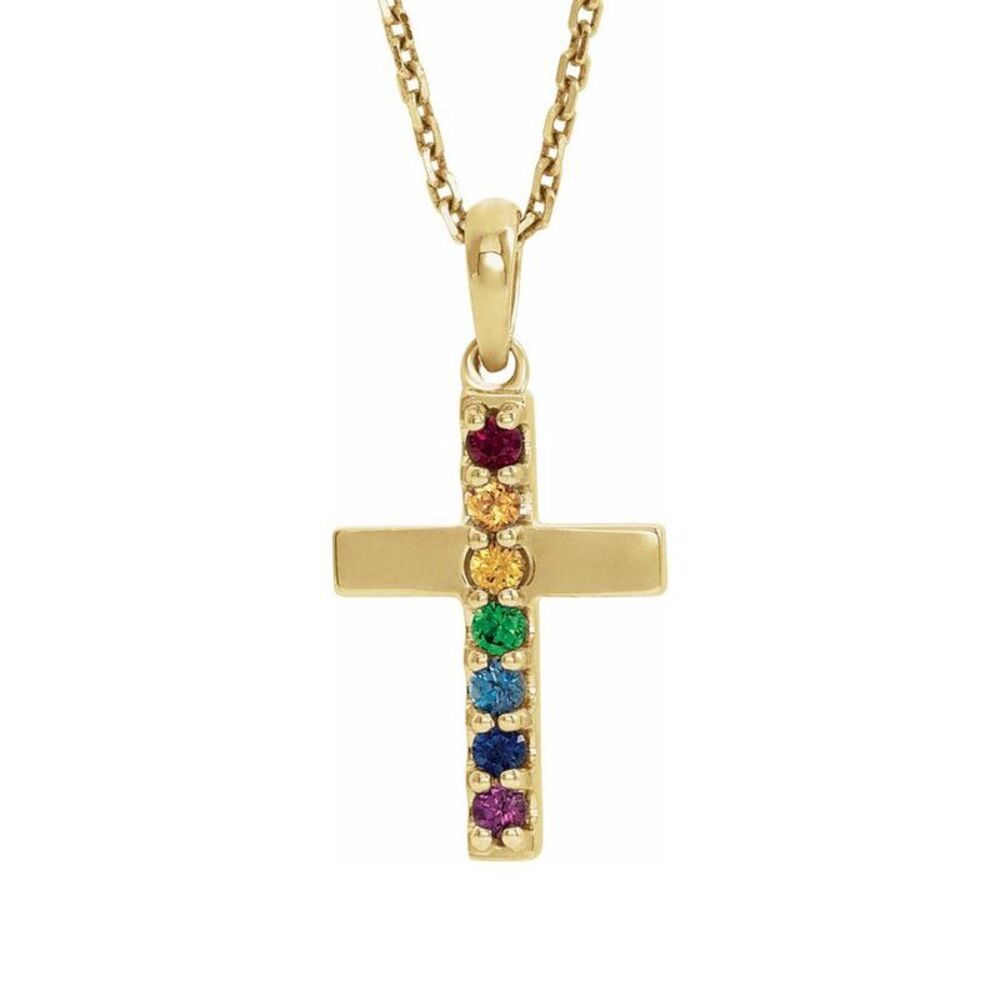 14K Yellow Gold Multi-Gemstone Petite Cross Necklace, 16-18 Inch